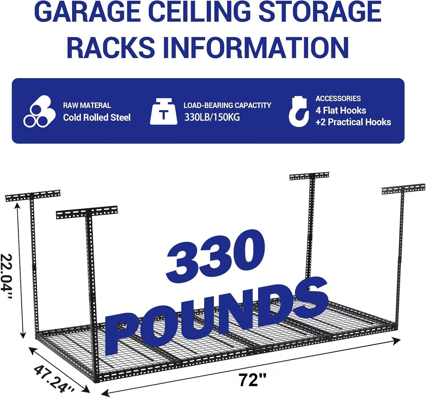 Overhead Garage Storage Rack 4x6 FT, Steel Ceiling Shelves 330lb Capacity, Height Adjustable 22-40 Inches, Space-Saving for Attic Basement Shed (Black, 4 Posts)