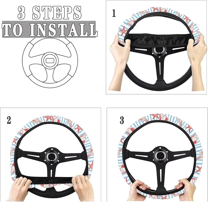 AFPANQZ Auto Steering Wheel Covers Comfort Anti-Slip Safety Stretch-on 14-15 inch, Starfish Shell Print Easy Fix Machine Washable Steering Wheel Protection