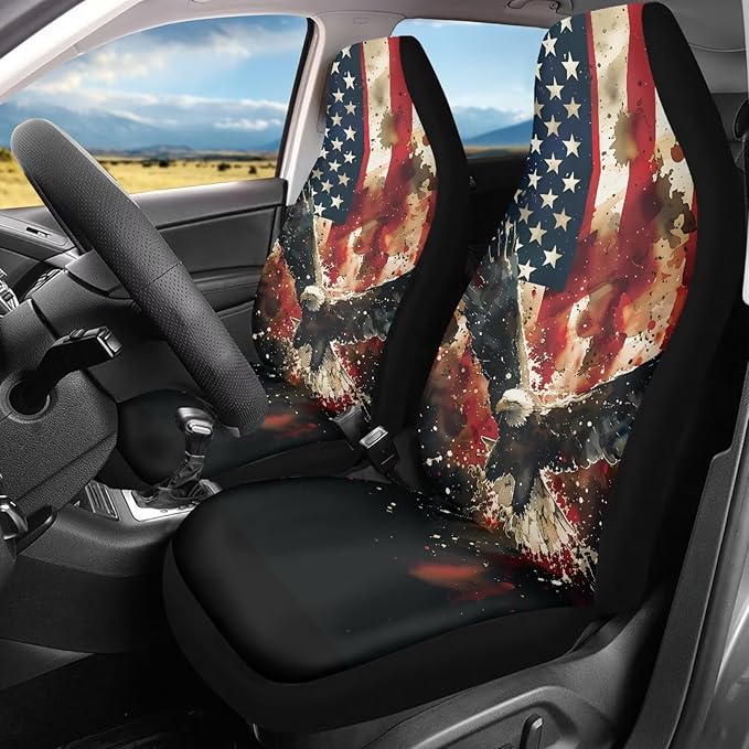 ELEQIN Car Front Seat Covers, Eagle US Flag Print 2 Pack Polyester Automotive Seat ProtectorsSoft & Breathable, Vehicle Interior Accessories for Most Cars