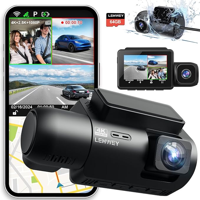 Dash Cam Camera For Cars Dashcam - Lehwey 3 Channel 4k 2160P+1440P+1080P Dash Cam Front and Rear Inside, Built in WiFi GPS, With 64GB Card, Night Vision G-Sensor Parking Mode, 170°Angle Loop Recording