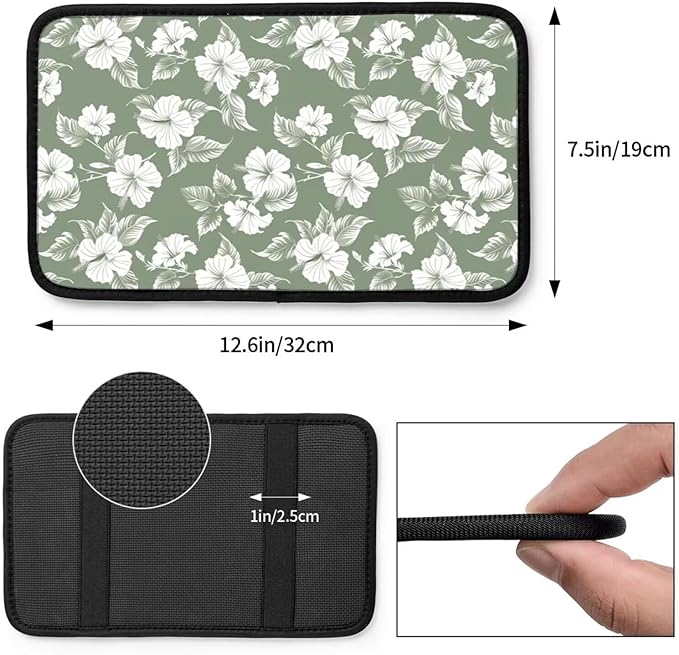Hibiscus Flower Print Center Console Cover Tropical Floral Comfortable Armrest Pad Protector Car Accessories, Green Scratch Resistant Middle Arm Rest Console Covers