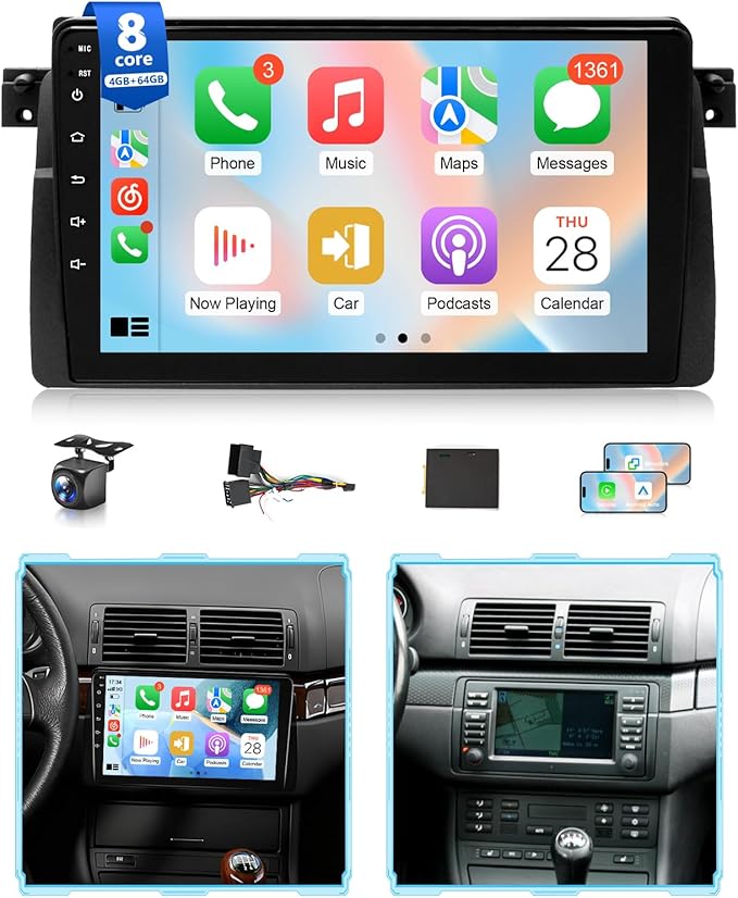 8Core Android Stereo for BMW 325i E46 328i 1998-2005 Radio for BMW M3 2000-2006 Wireless Apple CarPlay Android Auto, 4G + 64G 9IN IPS Touch Screen for 330i 5G WiFi/GPS Navi/BT/FM/RDS/DSP/EQ/SWC