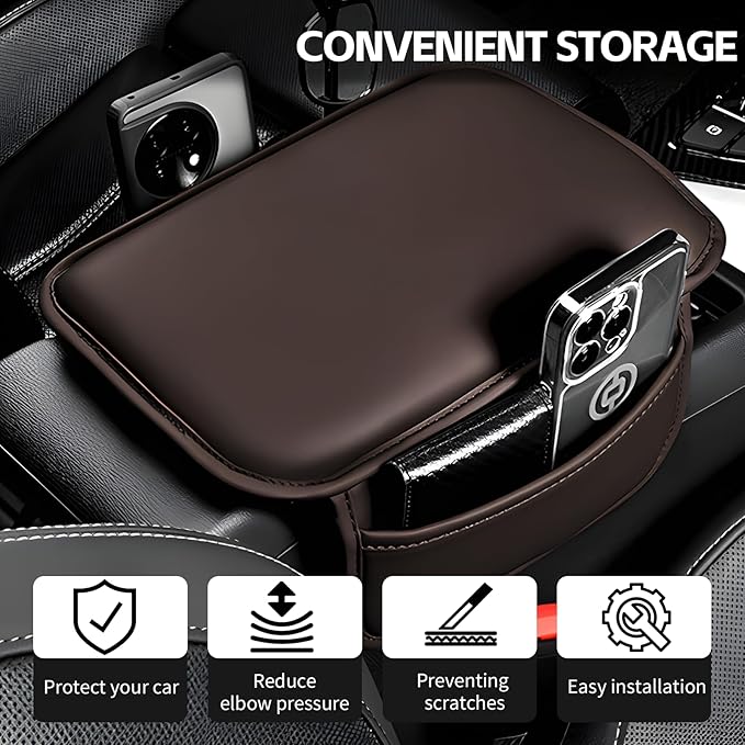 Car Center Console Cover, 11.6"×8.3" Leather Car Armrest Cushion Pad with 2 Storage Pockets, Comfortable Arm Rest Box Cover Mat for Most Vehicles, Universal Interior Accessories (Brown)