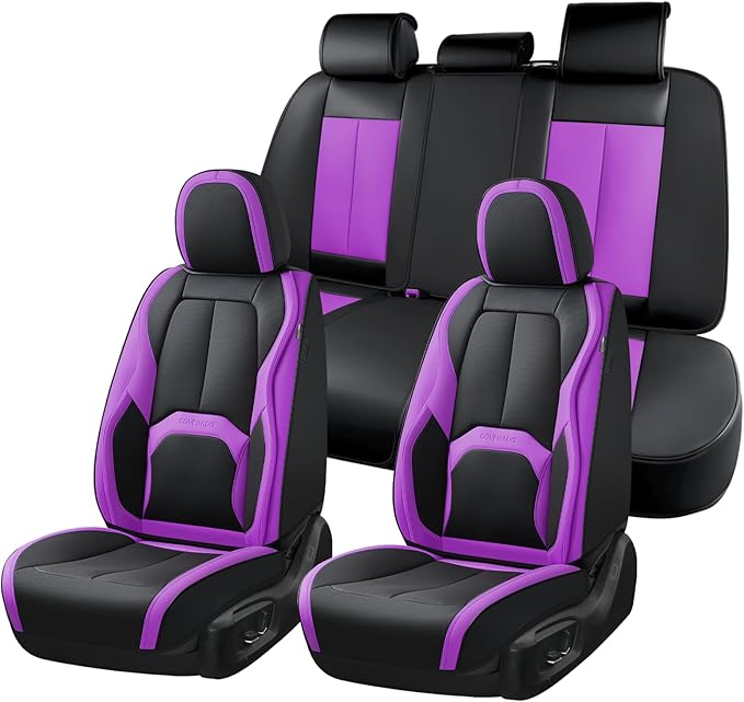 Coverado Car Seat Covers Full Set, Waterproof Nappa Leather Seat Covers for Car, Car Seat Protector with Lumbar Support, Automotive Seat Covers Universal Fit for Most Cars SUV Trucks, (Black&Purple)