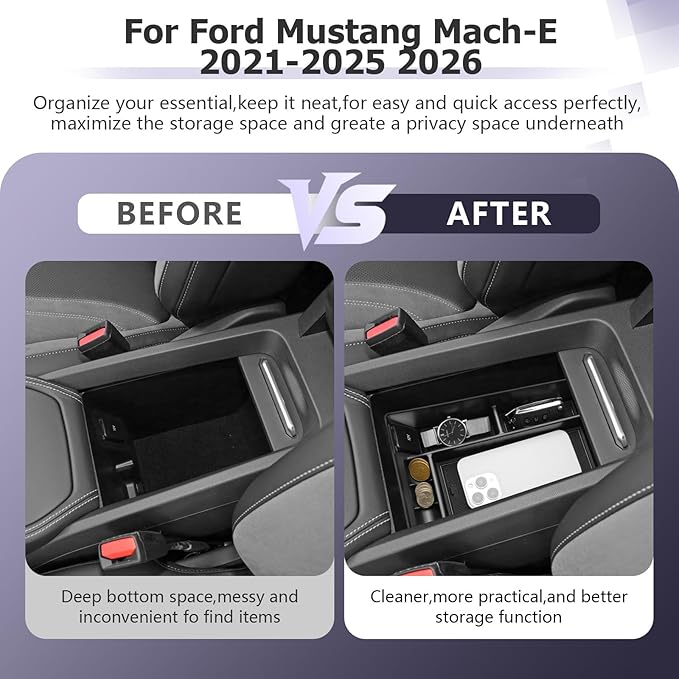 LUWU 2024 Mustang Mach E Center Console Organizer for 2021-2024 Ford Mustang Mach E Select/Premium/GT Accessories Armrest Console Storage Box Glove Organizer Tray ABS Material (Black)