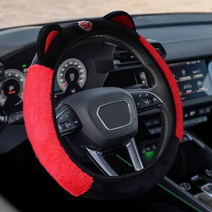 Car Steering Wheel Cover, 15 Inch Fluffy Soft Plush Auto Protector, Anti-Slip Elastic Lovely Car Cover Accessories with Kitty Cat Ears Universal for Most Vehicles (Fluffy-Black+Red)