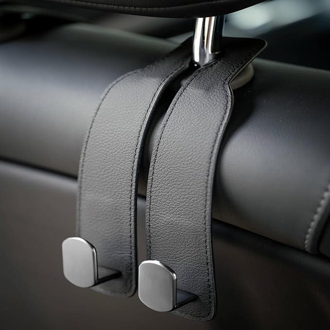 Genuine Leather Car Seat Hooks for Headrest - Flexible Car Seat Back Storage Hook for Purses and Bags, Upgraded Car Purse Hook Holder Hanger Organizer for Head Rest (Black-1 Pack)