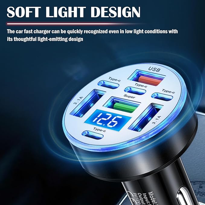 8 Port Car Charger Cigarette Lighter Adapter,Upgraded Car Charger Adapter with 25W USB Fast Charging & Voltage Monitoring,12/24V Cars Cigarette Lighter USB Chargers & Type-C Chargers