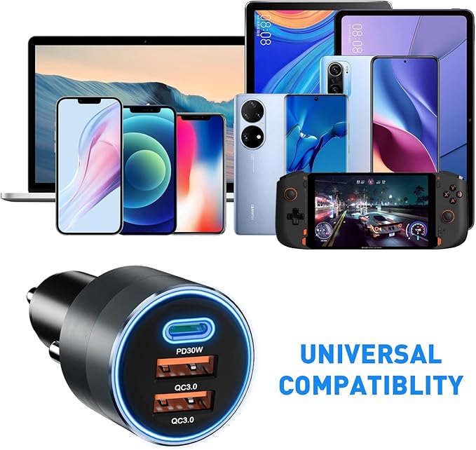 USB C Car Charger for iPhone 16, 66W Car Cigarette Lighter Adapter USB Fast Car Charger PD 30W+Dual QC3.0 [Metal Shell] [Ambient Light] for iPhone 16 15 14 13 Pro Max Samsung Galaxy Note Google Pixel