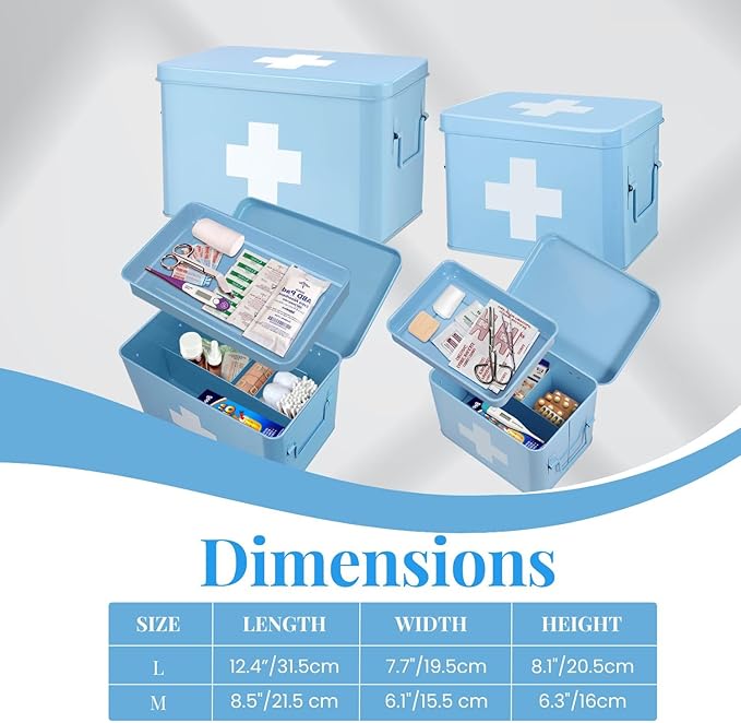 Flexzion First Aid Organizer, 8.5 Inch Blue Vintage Metal Kit Tin With Dividers, Removable Tray and Cross Logo - Empty Medical Storage Container