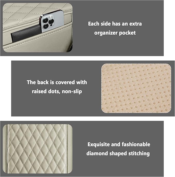 Upgraded Car Center Console Cover,Microfiber Leather Car Armrest Cover Cushion with 2 Storage Bags,Universal Cars Armrest Storage Box Cars Interior Accessories for Most Vehicles (Light Beige)
