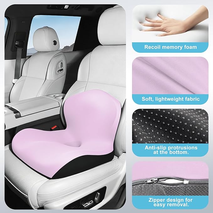 Seat Cushion for Office Chair and Car, L-Shaped Ergonomic Car Seat Cushions, Memory Foam Chair Cushion, Lumbar Support Pillow for Wheelchair, Car, Home, Office, Desk, Pink