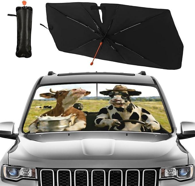 Funny Cow Driving Car Sunshade Umbrella Fun Cow Drink Milk Windshield Sun Shade for Car Retractable Umbrella Sunshades for Front Window Sun Shades Cover Visor Portector Block UV Rays