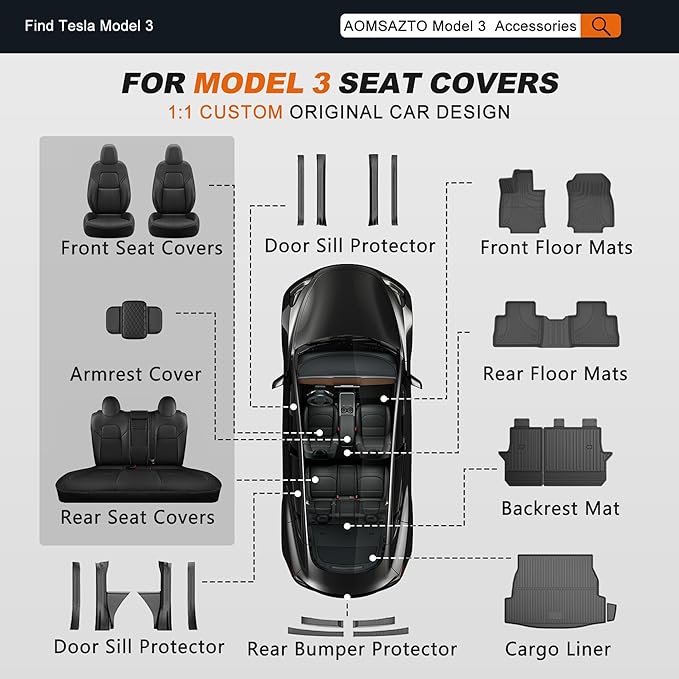 AOMSAZTO Car Seat Cover Fit for Tesla Model 3 2017 2018 2019 2020 2021 2022 2023 - Full Set Black Seat Covers