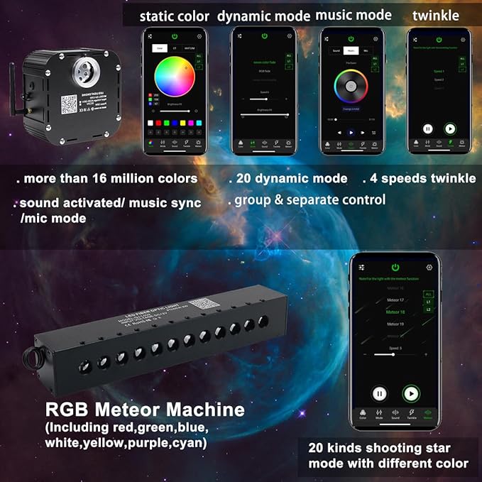 AZIMOM High Brightness 50W Twinkle Fiber Optic Starlight Kits1000pcs*0.03in*16.4ft Fiber Strands, RGB Meteor Shooting Star Sound Activated APP/Remote Control Theater Ceiling Home Shop Roof Decor