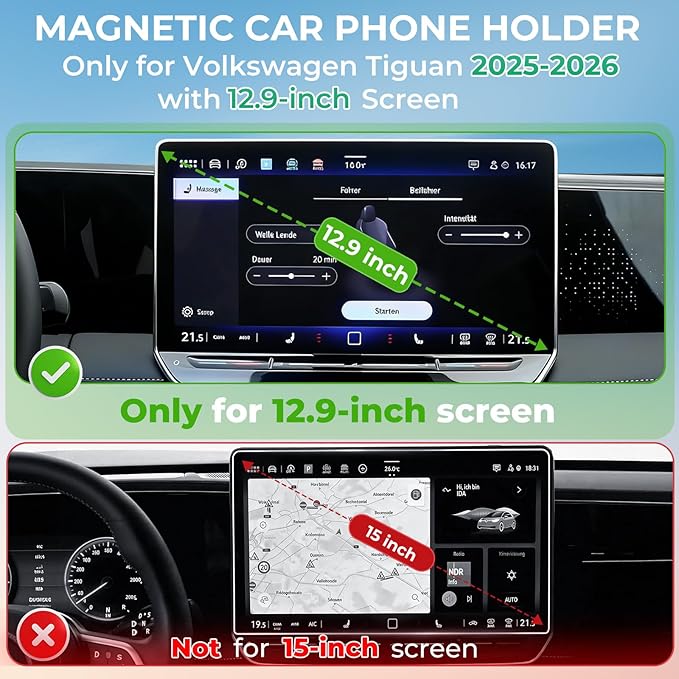 Car Phone Holder for Volkswagen VW Tiguan 2026 2025 (Only for 12.9-Inch Screen, Not for 15-Inch) 360° Rotation Magnetic Cell Phone Mount, Compatible with Magsafe, Does Not Affect Air Vent