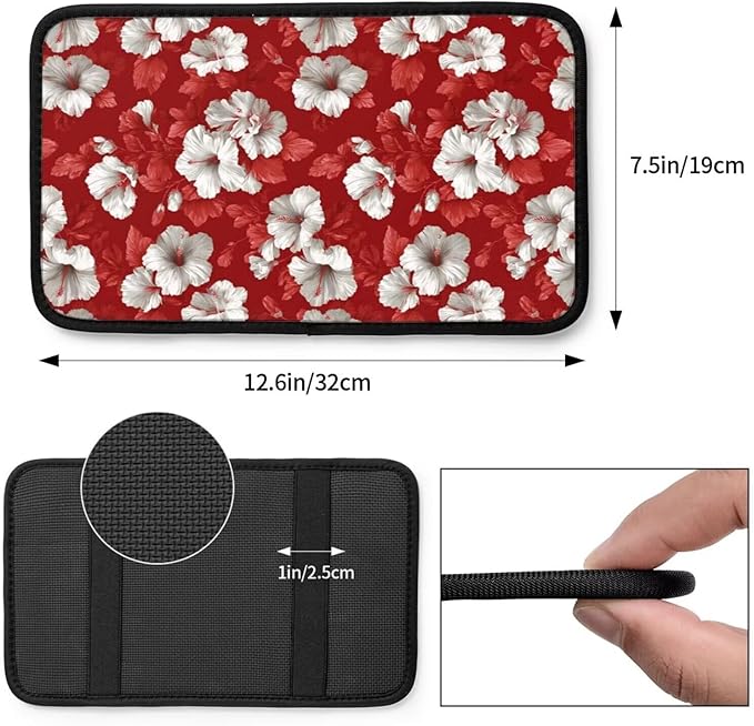 Red Hibiscus Center Console Armrest Cover Tropical Floral Middle Console Covers Seat Box Lid Protective Cover Cushion Pad SUV Van Sedans Truck Accessories Hawaiian Leaf Arm Rest Pads