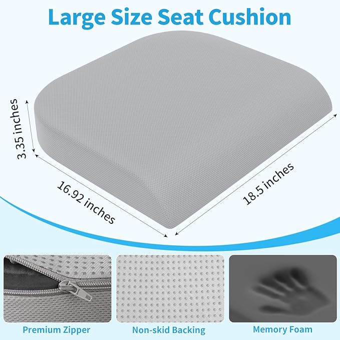 XLarge Seat Cushion, Memory Foam Cushion for Long Sitting Hours on Office Chair, Home & Car, Non-Slip Chair Pad for Relieving Back & Sciatica & Hip & Coccyx Pain (Light Grey)