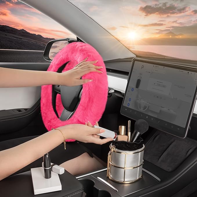 Carbella Aspen Hot Pink Fuzzy Steering Wheel Cover for Women ‚Äì Cute and Stylish Fluffy Fur Steering Wheel Cover for Cars Trucks Vans SUVs, Universal Fit for Wheel Sizes 14.5 to 15.5 inches