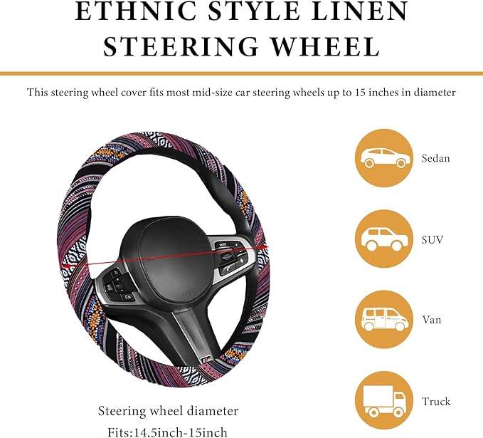 Boho Steering Wheel Cover, 15 Inch Coarse Flax Cloth Ethnic Style Anti-Slip Car Wheel Wrap, Universal Breathable Bohemian Steering Wheel Protector for Cars Vans Trucks (J)