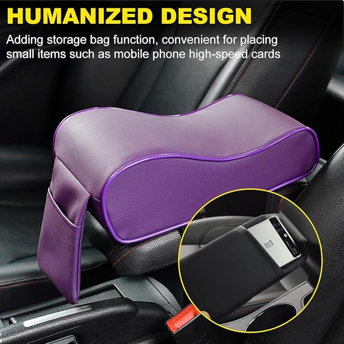Car Armrest Cushion, Soft Memory Foam Auto Armrest Pillow with Storage Bag, Leather Center Console Arm Rest Padded Cushion with Phone Holder, Universal Car Accessories (Purple)