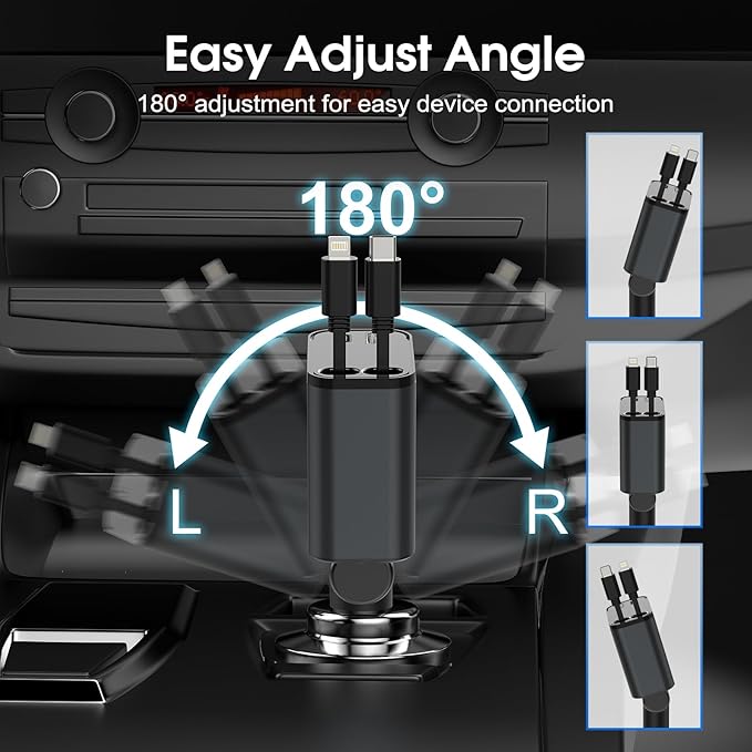 Retractable 70W 4 in 1 Car Charger with Retractable Cord, Fast Car Phone Charger Adapter Compatible with iPhone 16/15/14/13/12/11, Pixel, Samsung, USB C, Type C, Black (2024)