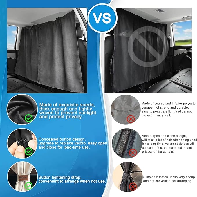 Car Divider Privacy Curtain, Blackout Suede Sun Shade Cover Front & Rear Seat Partition Space Divider Auto Van Truck Interior Accessories for Family Camping Baby Sleeping (Black, Small)