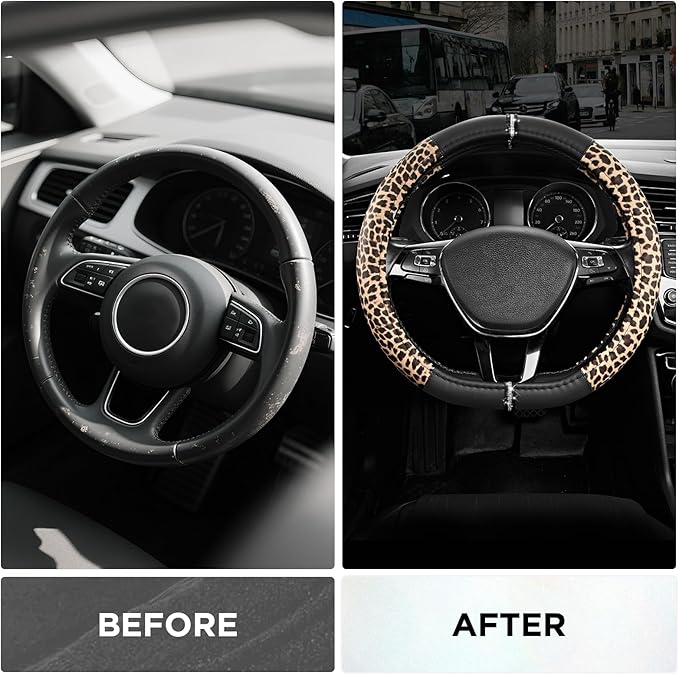 Road Comforts Leopard Steering Wheel Cover - Made with PVC Leather Cheetah Print, D-Shaped Automotive Steering Wheels - Anti-Slip, Universal Fit 14 1/2 inches to 15 inches - Black