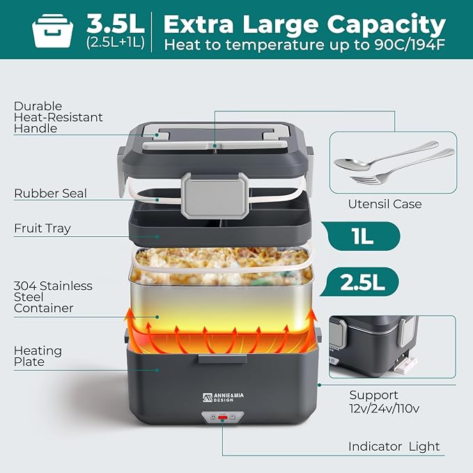 Annie & Mia Design Electric Lunch Box for Adults, 100w 3.5L 2-Layer Portable Food Warmer, Dual Mode 2.5L + 1L Heated Lunch Box for Adults, Home/Car/Office/Truck Use, Lonchera Eléctrica Portátil