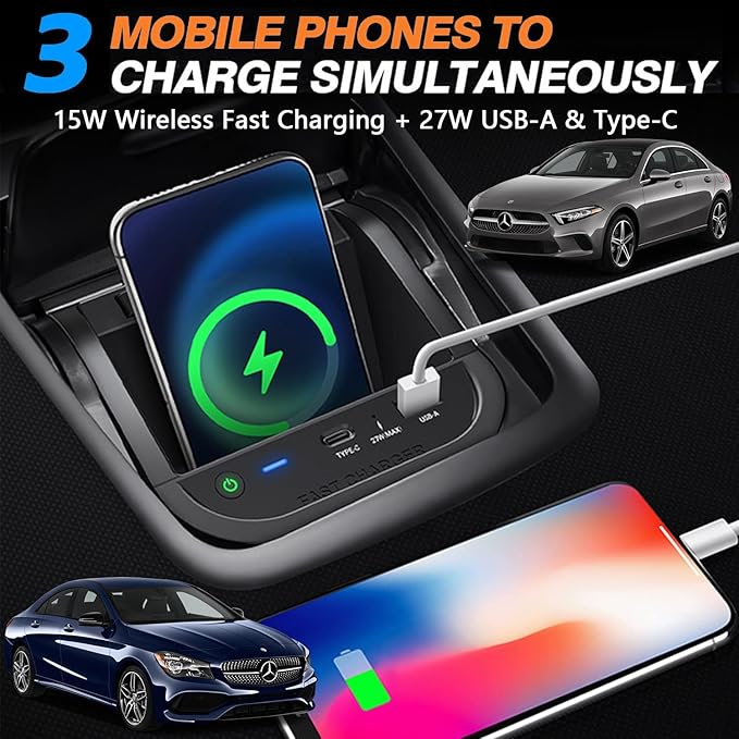 Wireless Car Charger for Mercedes-Benz A-Class B-Class GLA CLA 2013-2019 W176 W246 X156 C117 Accessory, 15W Fast Charging Phone Charger Pad with 27W USB-A & Type-C Port for iPhone Galaxy