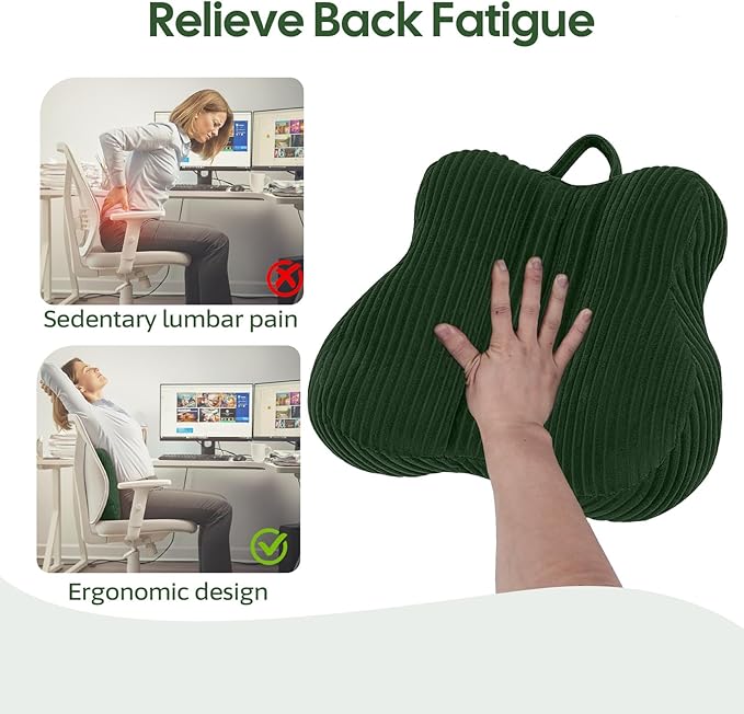 Lumbar Support Pillow for Recliner, Back Support Pillow for Office Chair, Back Cushion with Shredded Foam for Back Pain Relief & Reading, Lumbar Cushions for Couch, Sofa Seat, Car, Green