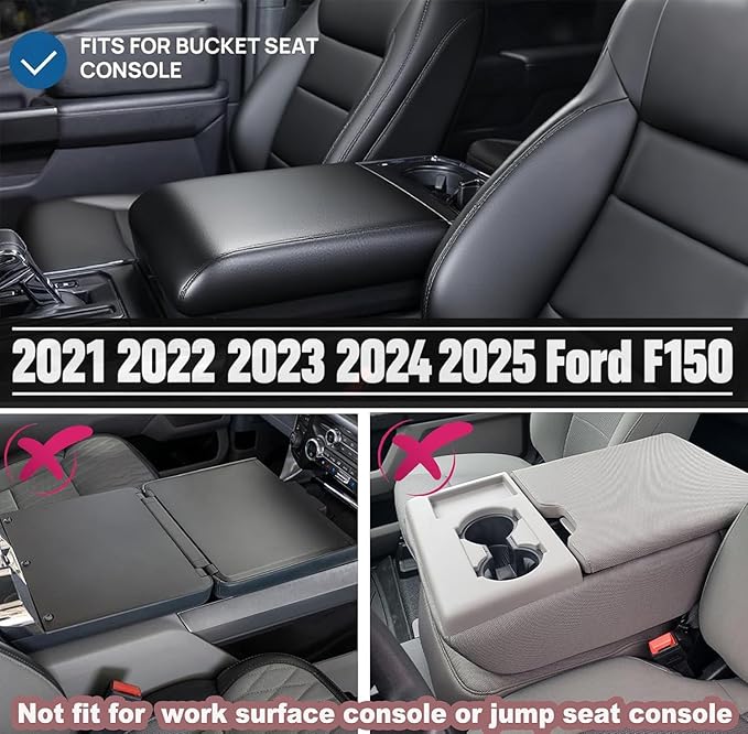 Center Console Cover Fit For Ford F-150 2025-2021 Armrest Cushion Cover 1-In Thickened Fully Coverage Center Console Lid Protector Pad Wtih Side Pocket PU Leather Anti-Scratch (Bucket Seat Only)