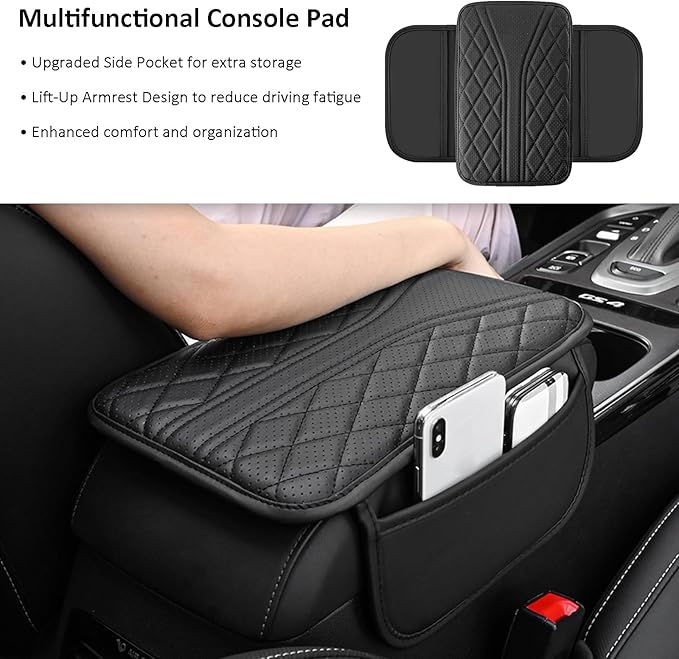Car Center Console Cover with Storage Bags, Leather Armrest Pad Protector for SUV, Sedan, Truck Interior Accessories (Black)