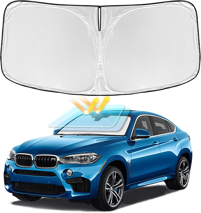 for BMW X5 2014-2018 Windshield Sun Shade - 4 Layers Car Sunshades for Front Windows Shade Cover Custom Fit X5 Sun Visor 250T Retractable Shade Blocks UV Rays Car Accessories