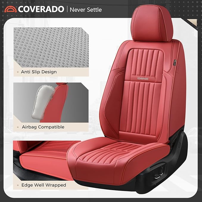 Coverado Car Seat Covers Full Set, Seat Covers for Cars, Car Seat Cover, Car Seat Protector, Leather Car Seat Cushion, Waterproof Car Seat Covers Front Seats and Back Fit for Most Cars(Red)
