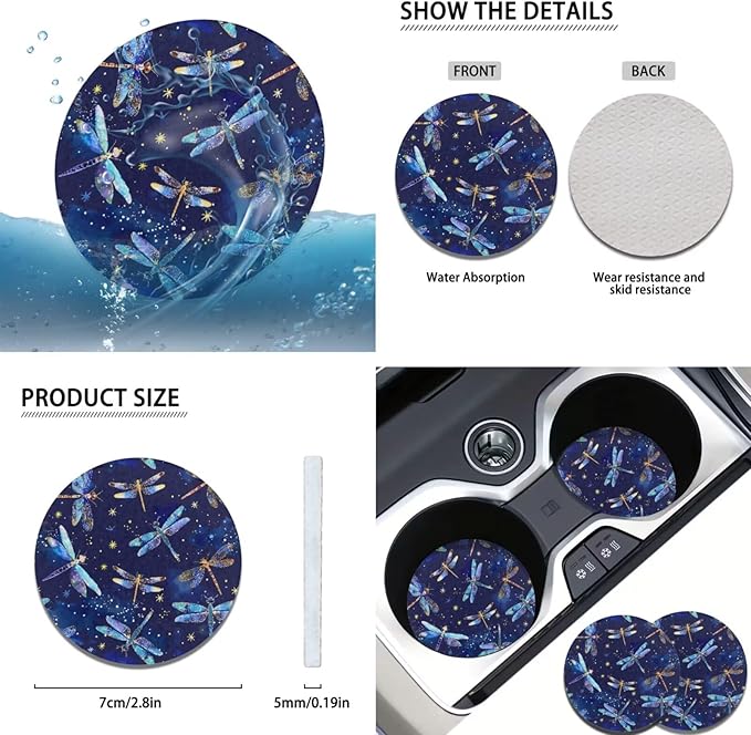 Blue Dragonfly Print 6pcs Car Steering Wheel Cover Set for Men Women Auto Interior Accessories Cup Holder Armrest Pad Seatbelt Cushion Fit for SUV Truck Vans