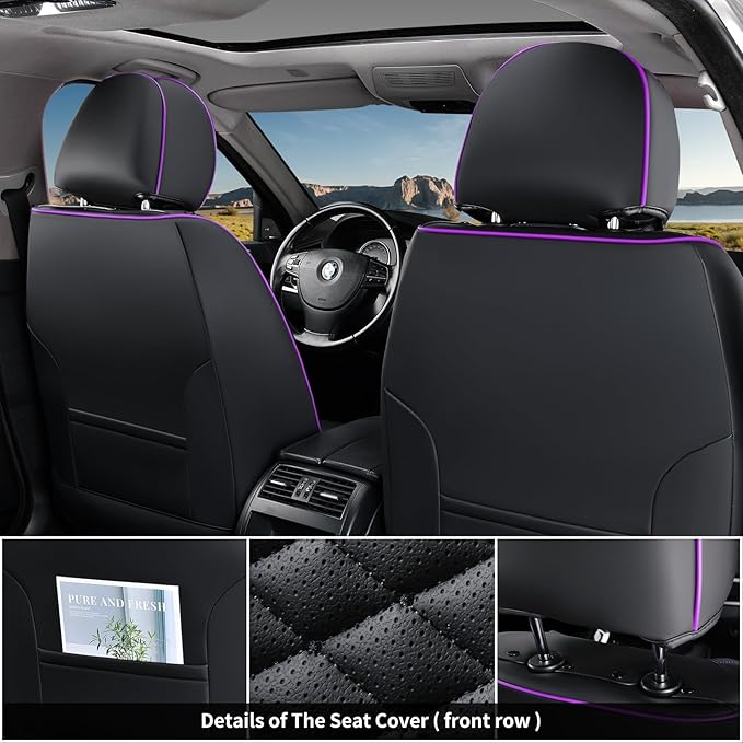 Coverado Leather Seat Covers, Car Seat Covers Full Set, Nappa Leather Seat Covers for Cars, Car Seat Protectors Waterproof, 5 Seats Black&Purple Automotive Seat Covers Fit for Most Cars Trucks