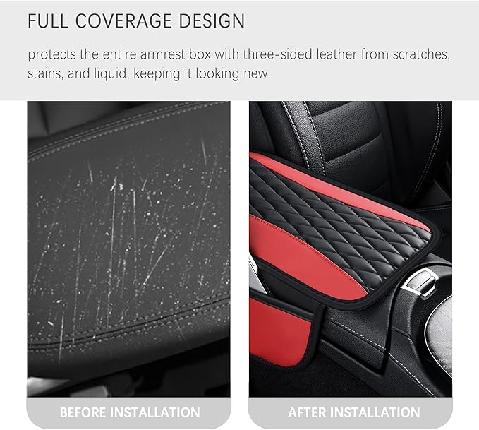 IHOTDER Patchwork Leather Center Console Covers for Cars,Upgraded Arm Rest Cover for Car with Side Storage Pocket for Car Seat Organizer,Middle Console Cover Stylish Car Decoration (Red)