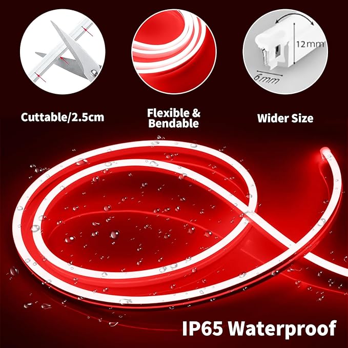 iNextStation 12V Red LED Strip Lights 16.4FT, Flexible Silicone Neon Rope Light with Power Adapter, Waterproof, Cuttable, Dimmable & Linkable, LED Lights Strip for Bedroom, Cabinet, Kitchen(with Plug)