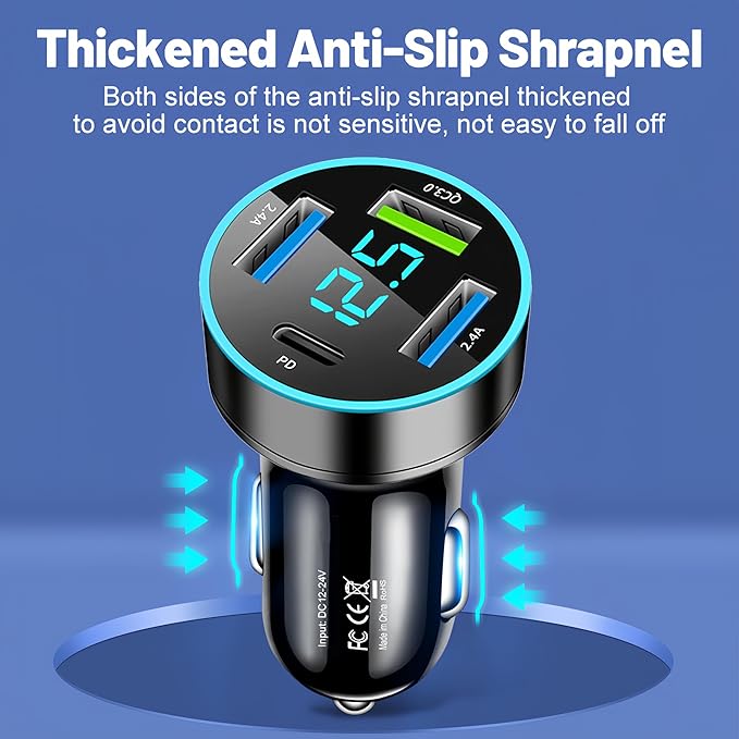 Car Charger Adapter, 4-Port Cigarette Lighter USB Charger Adapter with Voltmeter PD 3.0 & QC 3.0 Car USB Charger Multi Port Accessories Fast Charging for iPhone, Samsung, iPad & Phone Tablets