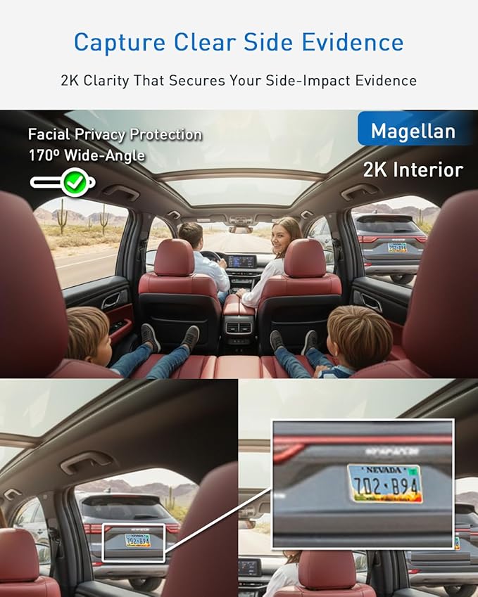 MAGELLAN DR50 3 Channel Dash Cam, 4K+2K Front Cabin Rear, Night Vision, Wide-Angle (170°), STARVIS 2 IMX678, Strong Mount, GPS, Wi-Fi App Control, 24H Parking Mode, Fatigue Alert, 64GB Card Included