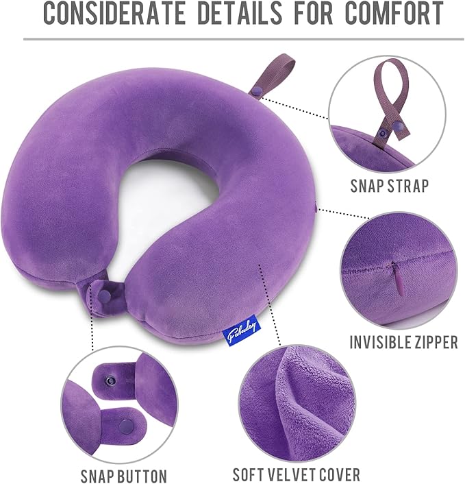 Neck Pillow for Travel Memory Foam - Airplane Pillows for Sleeping with Attachable Snap Strap Soft Washable Cover, Flight Pillow for Traveling, Car, Home, Provide Head Neck Support Rest Purple