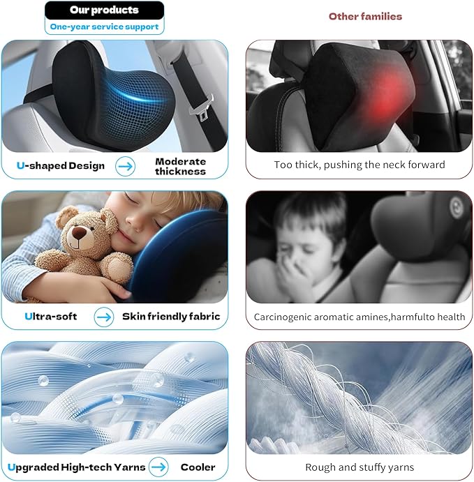 Car Neck Pillow & Headrest Support for Driving - Memory Foam Neck Support Pillow with Adjustable Strap & Removable Cover, Office Chair, Travel Essentials - 2 Pack (Black)