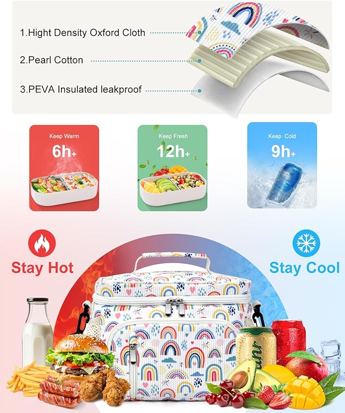 Insulated Lunch Bag for Men & Women, 9L Leakproof Lunch Box Soft Cooler Tote with 5 Pockets, 600D Oxford, EVA Lining, Adjustable Strap for Work, Picnic, Beach&Travel-Corduroy Rainbow