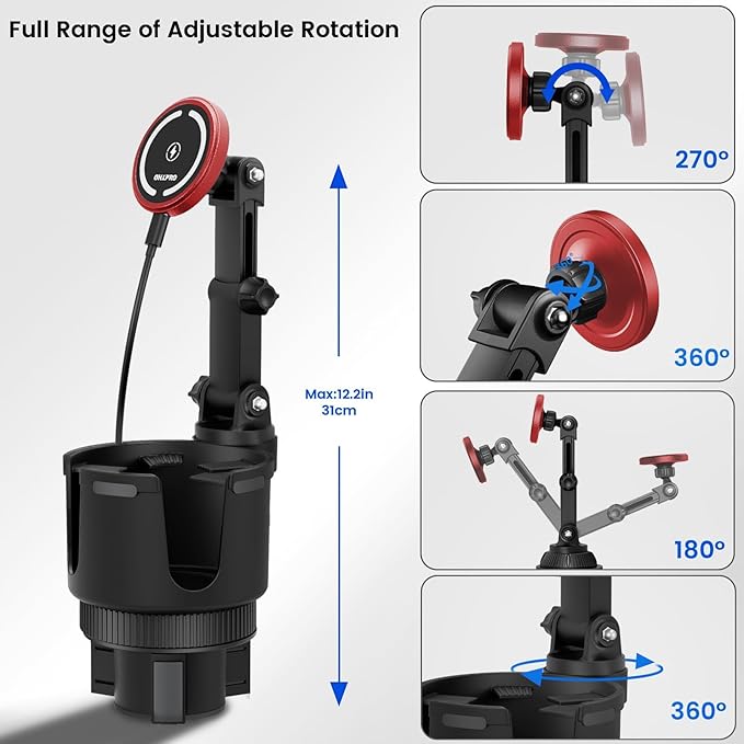 OHLPRO for MagSafe Car Charger Cup Holder Mount, 15W Fast Wireless Magnetic Charging Phone Holder for iPhone 17 16 15 14 13 Series, Adjustable Car Mount with Large Cup Base, One-Hand Operation