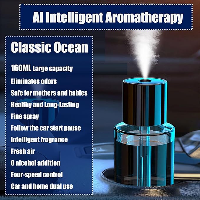 Intelligent Aromatherapy Machine,Car Air Freshener,Car Diffuser Refill,Fine Spray/Fillable/Four-Gear Adjustment/Vibration Sensing/On-Off/160ML Large Capacity Long-Lasting Fragrance(Ocean Fragrance)