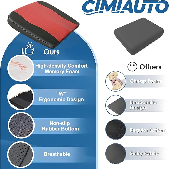 Car Seat Cushion,Thickened Comfort Memory Foam Seat Cushions for Car and Office Chair - Sciatica & Lower Back Pain Relief, Driver Seat Pillow for Auto, Office Chair, Wheelchair Pad-Black Red