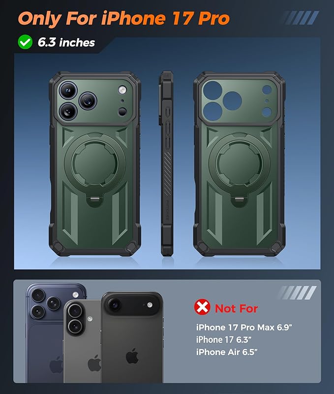 FNTCASE for iPhone 17 Pro Case: [360 Spin Magnetic Ring Kickstand] [Compatible for MagSafe] [Screen Protector] Heavy Duty Military Grade Protection Protective Phone Case with Stand Green