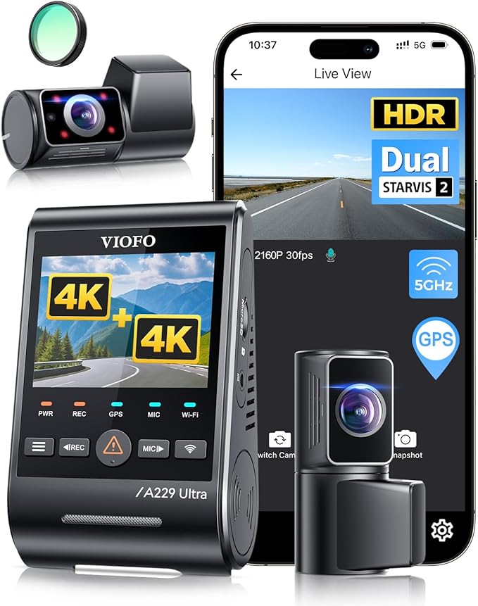 VIOFO A229 Ultra 3 Channel Dash Cam, Dual 4K + 1080P, 210° Fisheye Cabin Car Camera, Triple STARVIS 2 Sensors with Dual 4K HDR, Faster 5GHz Wi-Fi & GPS, Smart Voice Control, Super Night Vision 2.0