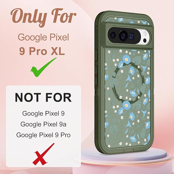 for Google Pixel 9 Pro XL Case - Compatible with MagSafe Women Cute Girls Magnetic Protective Cover Blue Flowers Floral Unique Design Heavy Duty Shockproof Phone Case for Pixel 9 Pro XL 6.8"